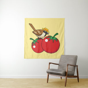 Bio Lover Sparrow Eating Red Tomato Wandteppich