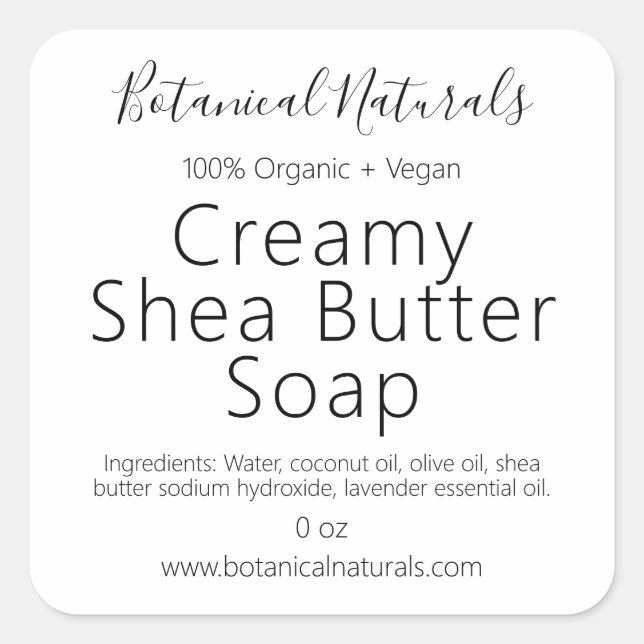 Bio Shea Butter, hausgemachte Seife, einfache Etik Quadratischer Aufkleber (Vorderseite)
