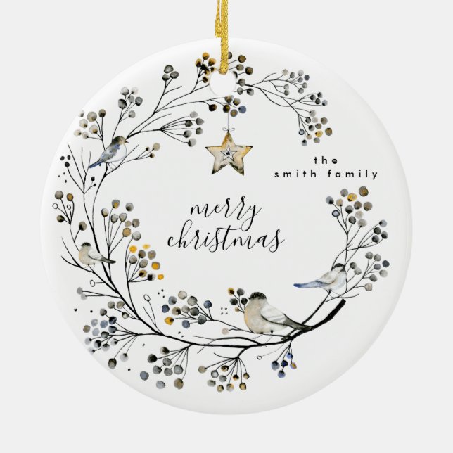Bio Vogel Frohe Weihnachts-Custom-Text Keramik Ornament (Hinten)