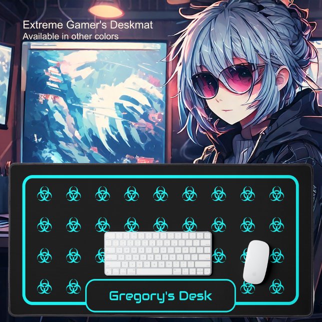 Biogefährdung-Symbole - Blau-Cyan auf schwarzem Hi Schreibtischunterlage (Biohazard Symbol-Cyan-Blue On Black - by Office Accessories Shop)