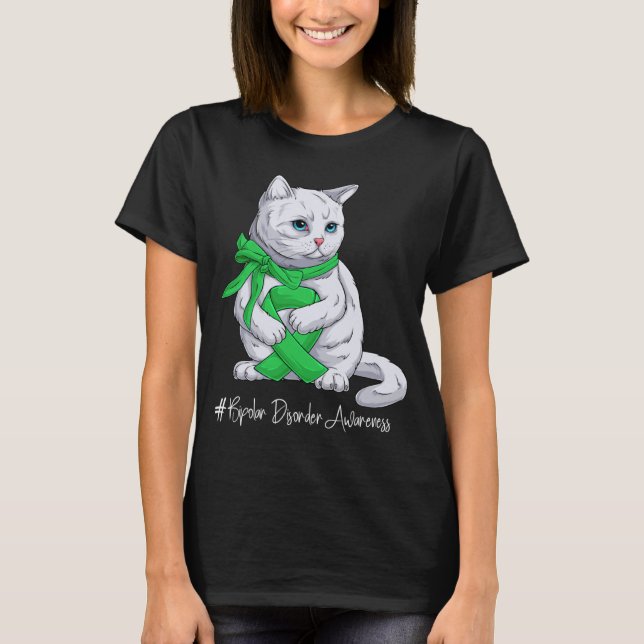 Bipolar Disorder Awareness Month Green Ribbon Cat T-Shirt (Vorderseite)