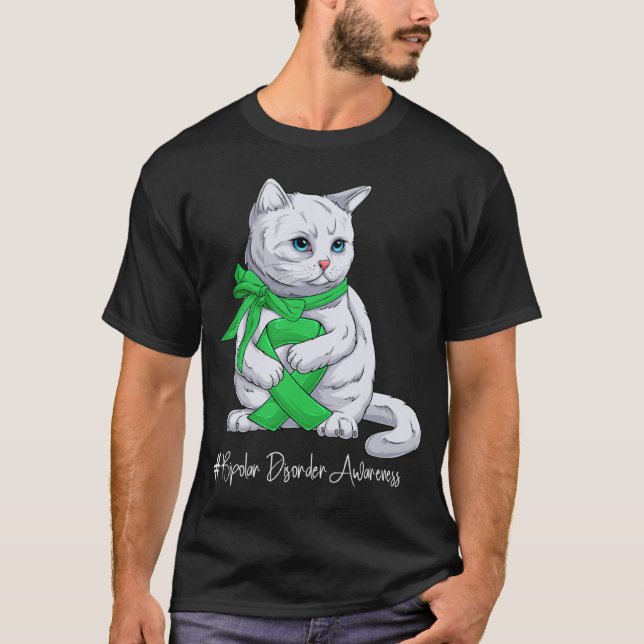 Bipolar Disorder Awareness Month Green Ribbon Cat T-Shirt (Vorderseite)