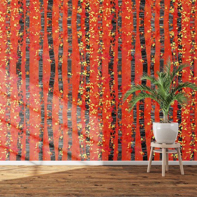 Birch Aspen Tree Forest Red Art Tapete (Aspen birch tree forest abstract landscape art patterned red wallpaper)