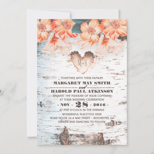 Birch Bark Carved Herz Rustikale Hochzeit Einladung (Vorderseite)