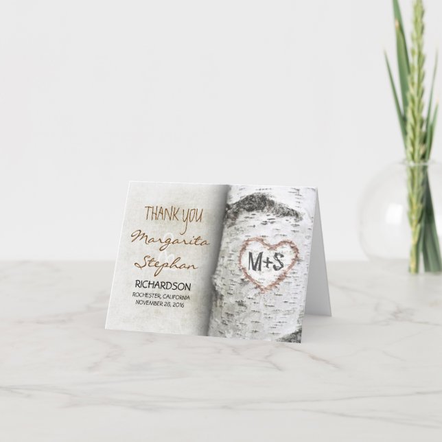 Birch Bark Heart - Rustic Tree Wedding Vielen Dank Dankeskarte (Vorderseite)