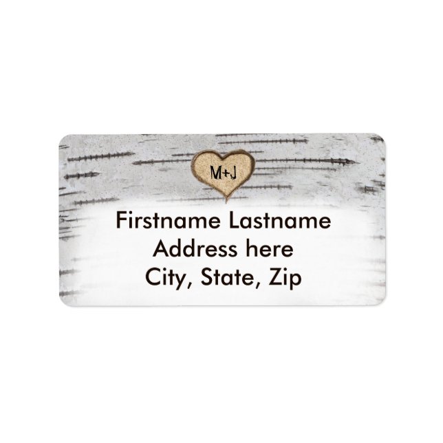 Birch-Baum-Herz Initialen rustikale Hochzeitadress Adressaufkleber (Vorne)