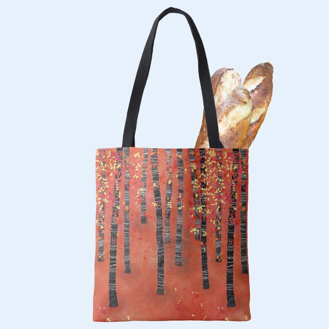 Birch Forest Landscape (Birch Aspen tree forest abstract red art tote bag)