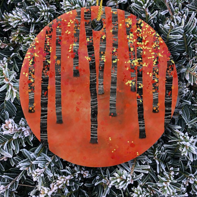 Birch Forest Red Keramik Ornament (Birch aspen tree forest art red ceramic Christmas ornament)
