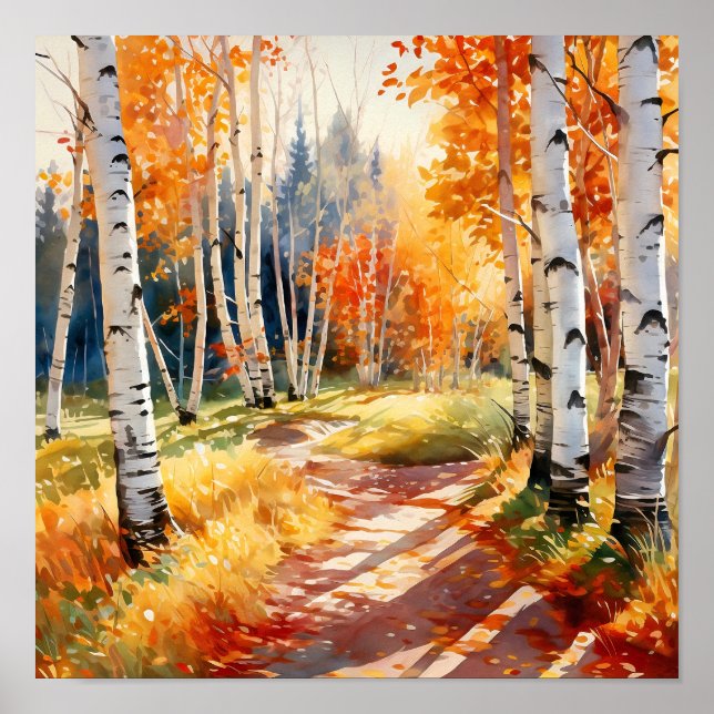 Birch Forest Vivid Colors Painting Poster (Vorne)