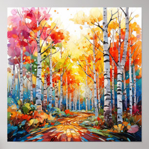 Birch Forest Vivid Colors Painting Poster