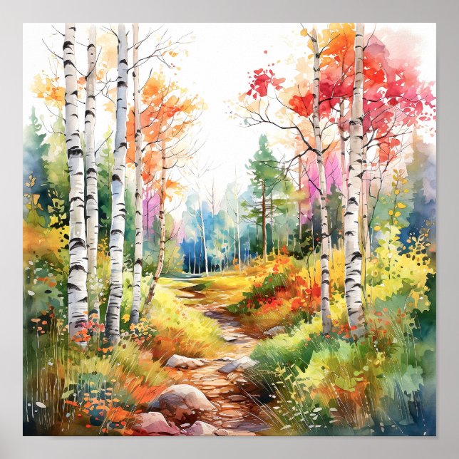 Birch Forest Vivid Colors Painting Poster (Vorne)
