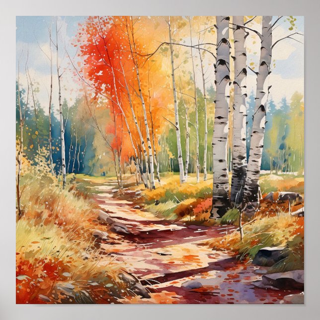 Birch Forest Vivid Colors Painting Poster (Vorne)
