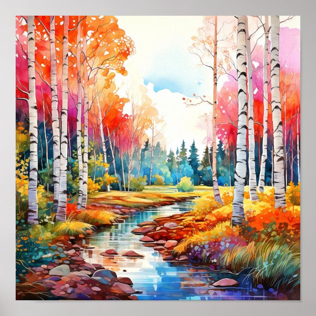 Birch Forest Vivid Colors Painting Poster (Vorne)