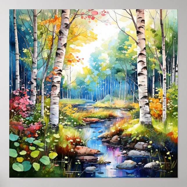 Birch Forest Vivid Colors Painting Poster (Vorne)
