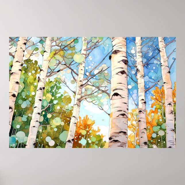 Birch Forest Wasserfarben Malerei Kunst drucken Poster (Vorne)