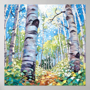 Birch Forest Watercolor Painting Poster