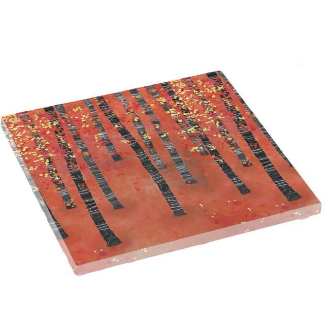 Birch Forest Woodland Red Glasuntersetzer (Birch aspen tree forest woodland art glass coaster)
