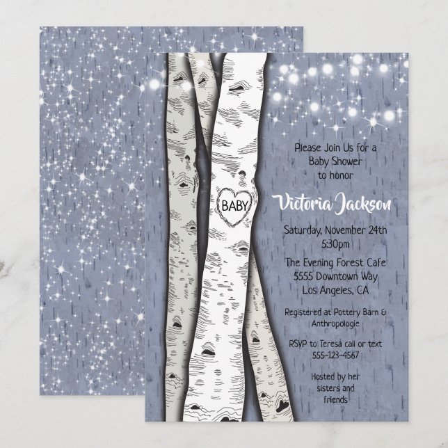 Birch Tree Abend Twinkle Lights Babydusche Einladung (Vorne/Hinten)