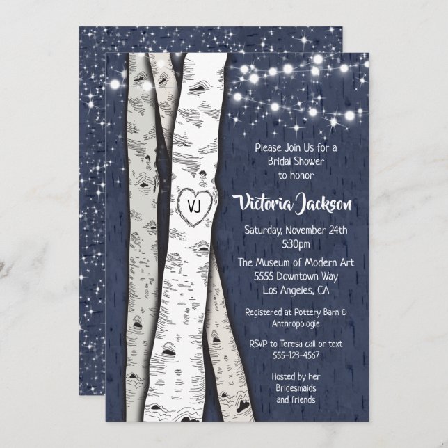 Birch Tree Abend Twinkle Lights Brautparty Einladung (Vorne/Hinten)