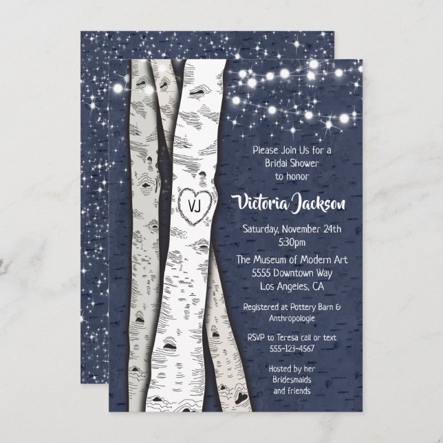 Birch Tree Abend Twinkle Lights Brautparty Einladung (Vorne/Hinten)