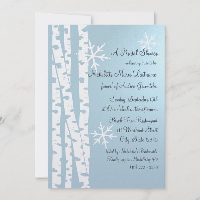 Birch Tree and Snowflakes Brautparty Ice Blue Einladung (Vorderseite)