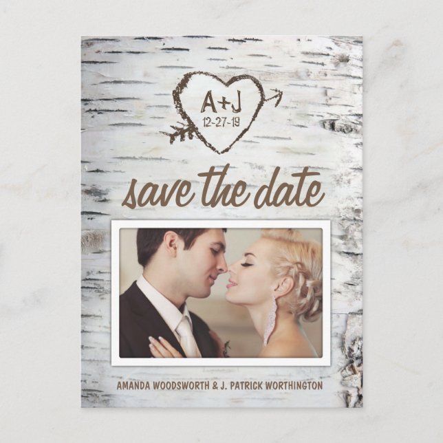Birch Tree Bark Rustic Wedding Save the Date Cards Ankündigungspostkarte (Vorderseite)