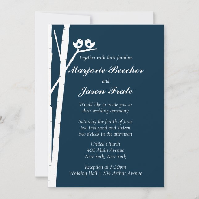 Birch Tree Birds Wedding Invitation - Blue Einladung (Vorderseite)