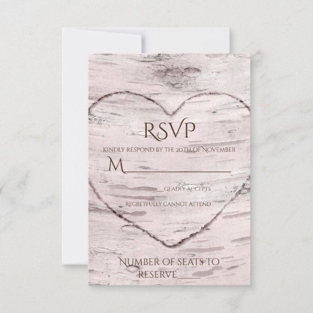 Birch Tree & Carved Heart Rustic Wedding RSVP (Vorderseite)