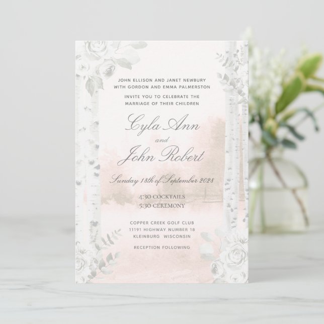 Birch Tree Forest Blush Wedding Einladung (Stehend Vorderseite)