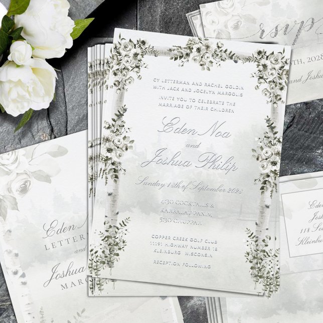 Birch Tree Forest Chuppah Wedding Folieneinladung (Birch Tree Forest Chuppah Wedding Silver Foil Invitation. RSVP and envelope sold separately.)