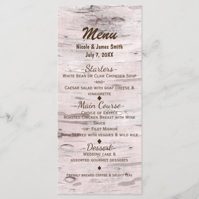 Birch Tree & Heart Rustic Wedding Menu Card Menükarte (Vorderseite)