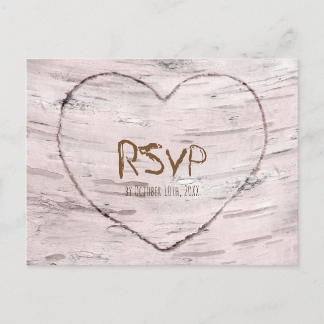Birch Tree & Heart Rustic Wedding RSVP Einladungspostkarte (Vorderseite)