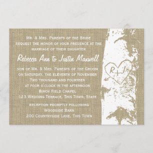 Birch Tree mit gemeißeltem Herz und Initialen Einladung