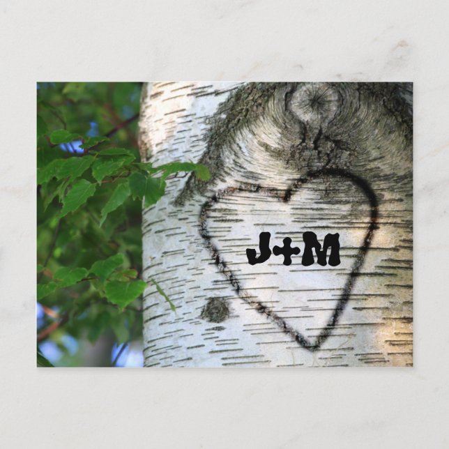 Birch Tree Rett Date Brie Groom Heart Monogram Ankündigungspostkarte (Vorderseite)