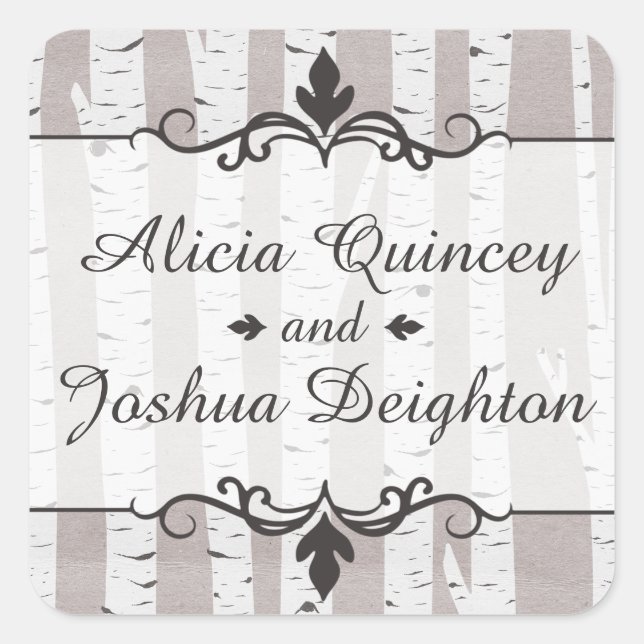 Birch Tree Rustic Nature Wedding Personalisiert Quadratischer Aufkleber (Vorderseite)