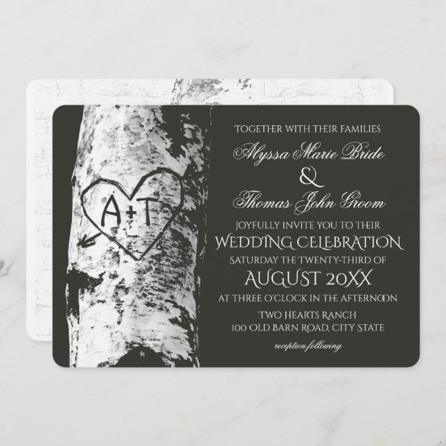 Birch Tree Wedding mit Carved Heart Inititials Einladung (Vorne/Hinten)