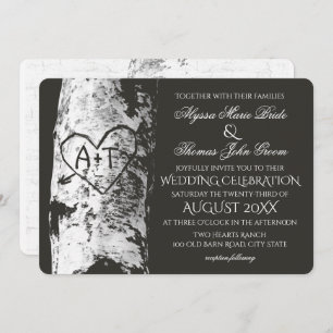 Birch Tree Wedding mit Carved Heart Inititials Einladung