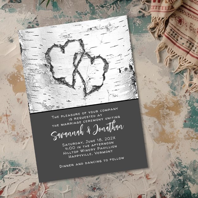 Birch Tree Wedding Two Hearts Einladung (Von Creator hochgeladen)