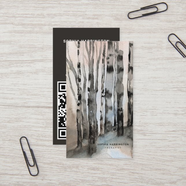 Birch Trees Custom QR Code Scannable Mountains Visitenkarte (Vorderseite/Rückseite Beispiel)
