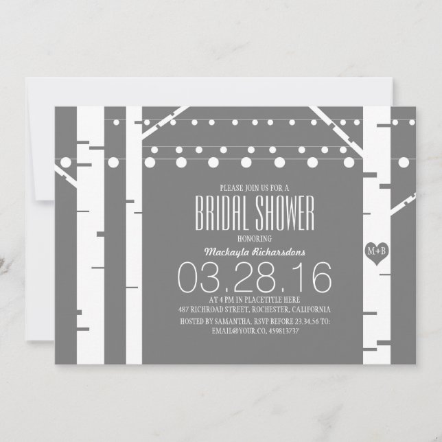 Birch Trees Heart & String Lights Brautparty Einladung (Vorderseite)