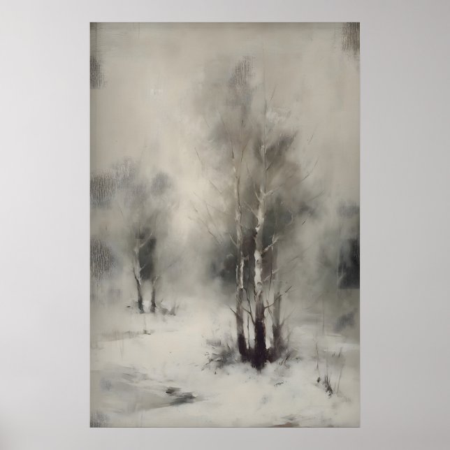 Birch Trees In Snow, Gothic Forest Landscape Wall  Poster (Vorne)