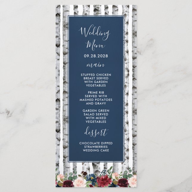 Birch Trees Navy Blue Burgundy Wedding Menu Cards Menükarte (Vorderseite)