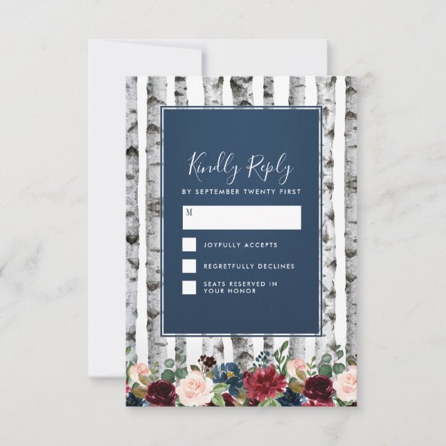 Birch Trees Navy Blue Burgundy Wedding RSVP Cards (Vorderseite)