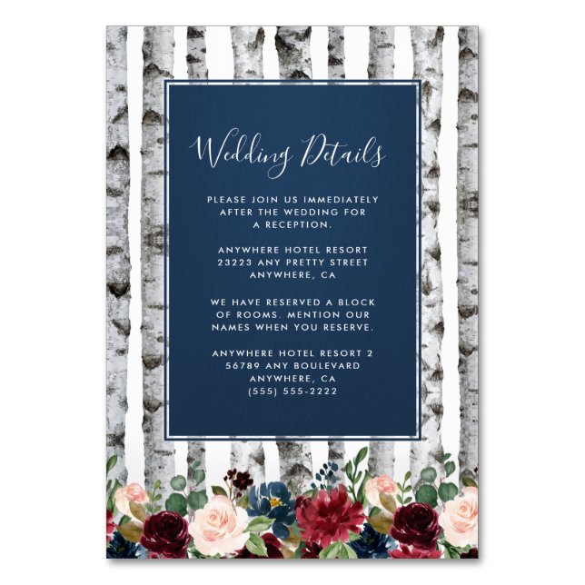 Birch Trees Navy Burgundy Wedding Insert Cards Tischnummer (Vorderseite)