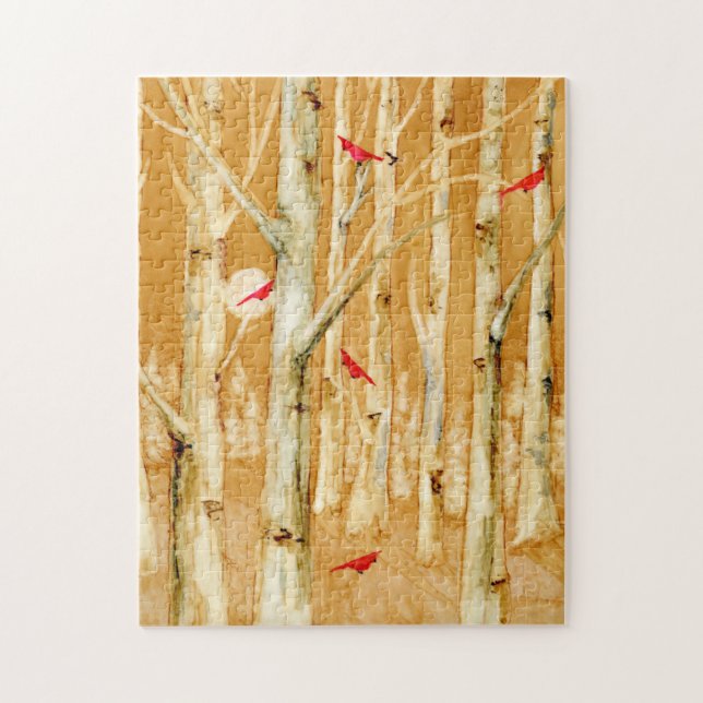 Birch Trees Red Kardinals Art Puzzle (Vertikal)