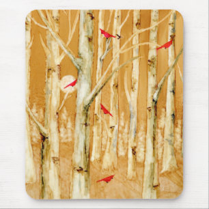 Birch Trees Red Kardinals Mousepad