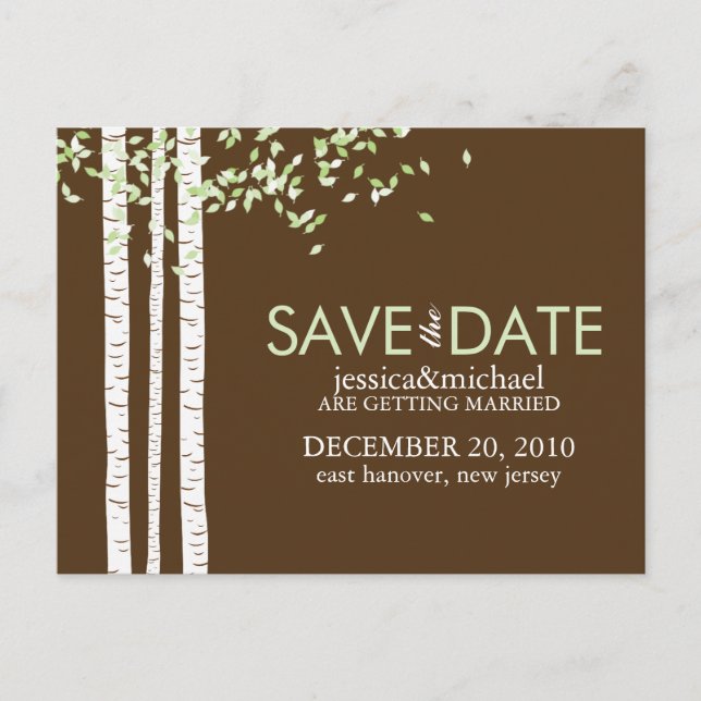 Birch Trees Save the Date Hochzeit Ankündigungspostkarte (Vorderseite)