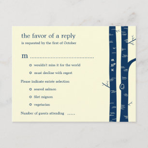 Birch Trees Wedding RSVP Card with entrée - Navy Karte