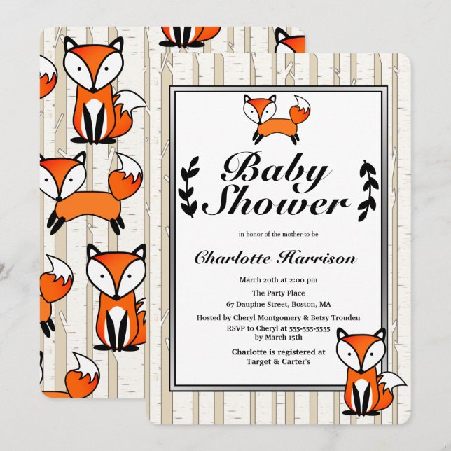Birch Trees & Woodland Fox Babydusche Einladung (Vorne/Hinten)