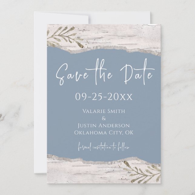 Birch Wood Dust Blue Wedding Save the Date Einladung (Vorderseite)
